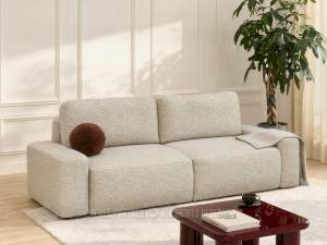 BEŻOWA SOFA Z FUNKCJĄ SPANIA I POJEMNIKIEM W STRUKTURALNEJ PLECIONEJ TKANINIE LINDO