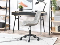 Krzesło obrotowe pikowane w stylu vintage ELIOR szary-czarny - w aranżacji z regałami TOWER i biurkiem BODEN