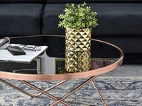 Okrągły stolik kawowy AMIN XL MIEDZIANY z metalu i szkła - szklany blat